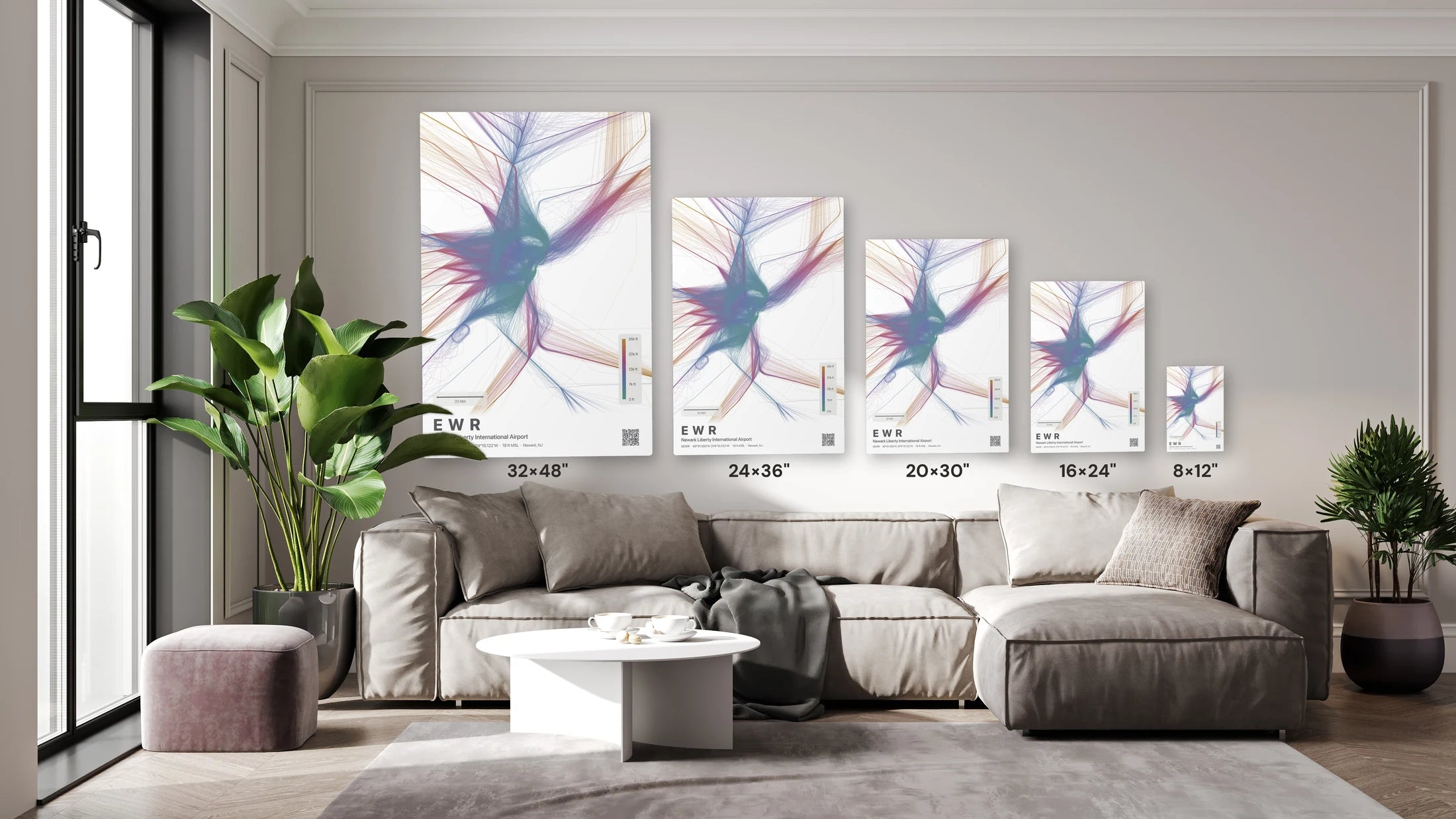 EWR flight path print — Aurora theme · Light size guide