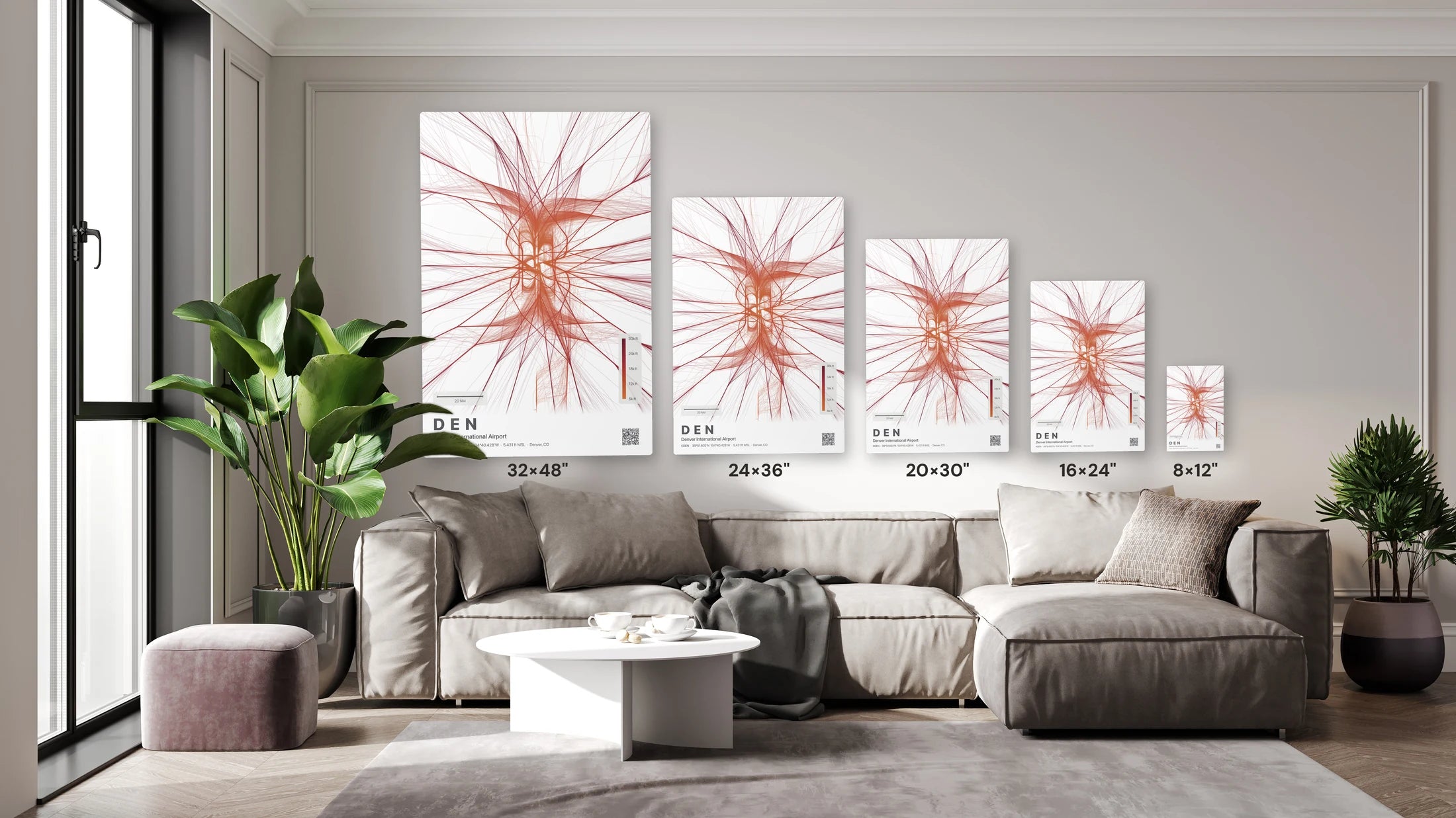 DEN flight path print — Inferno theme · Light size guide