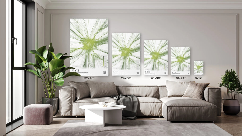 YYZ flight path print — Citrus theme · Light size guide