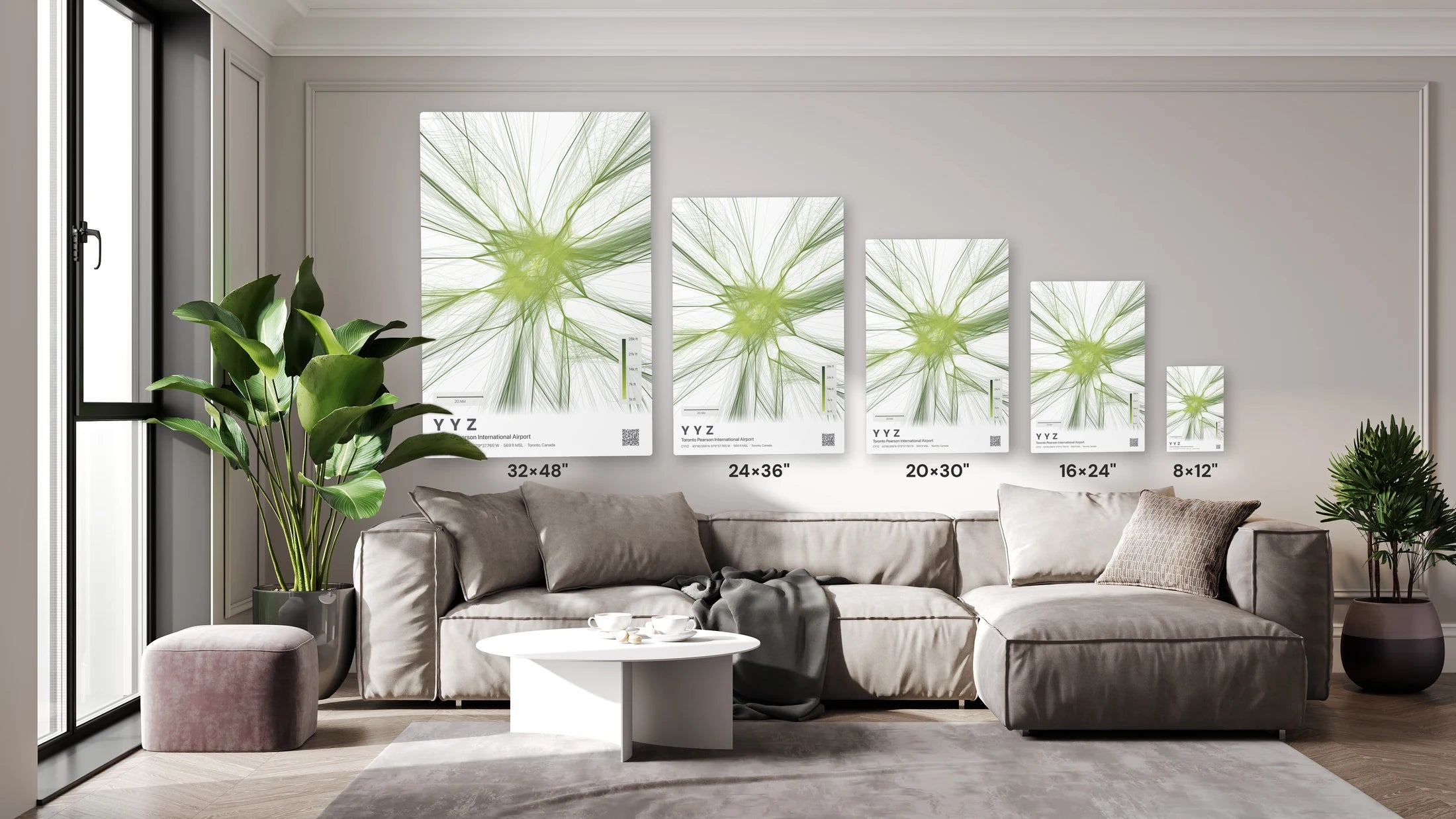 YYZ flight path print — Citrus theme · Light size guide