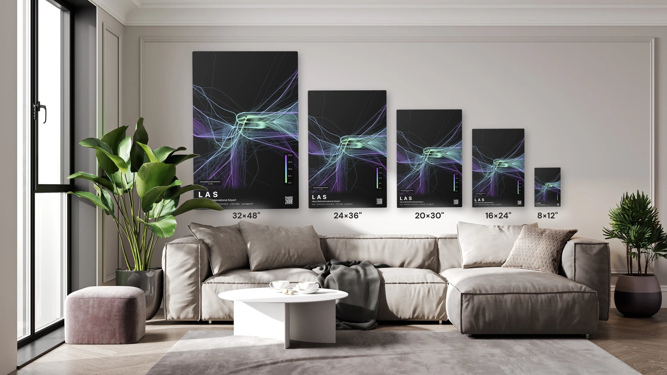 LAS flight path print — Prism theme · Dark size guide