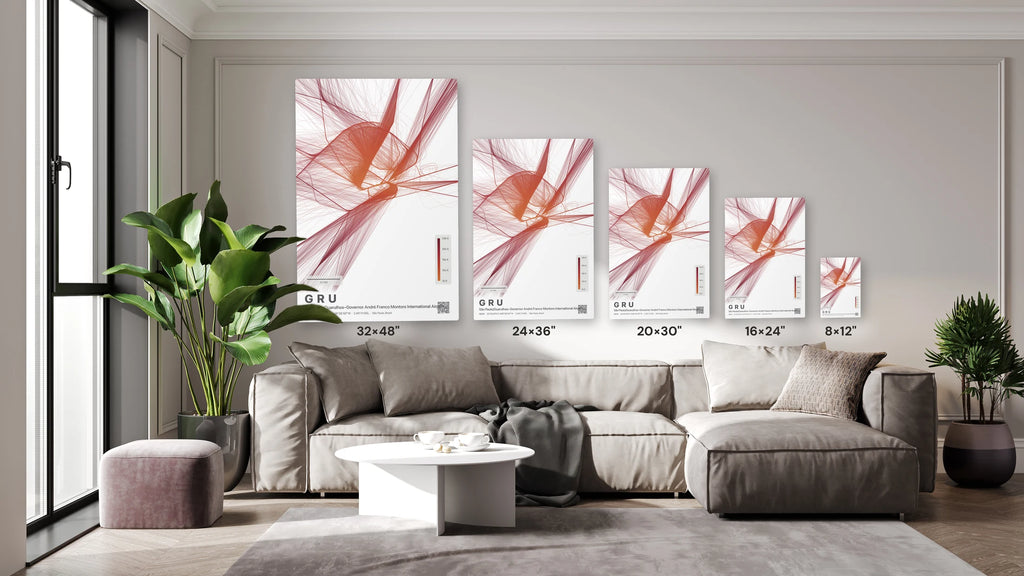 GRU flight path print — Inferno theme · Light size guide