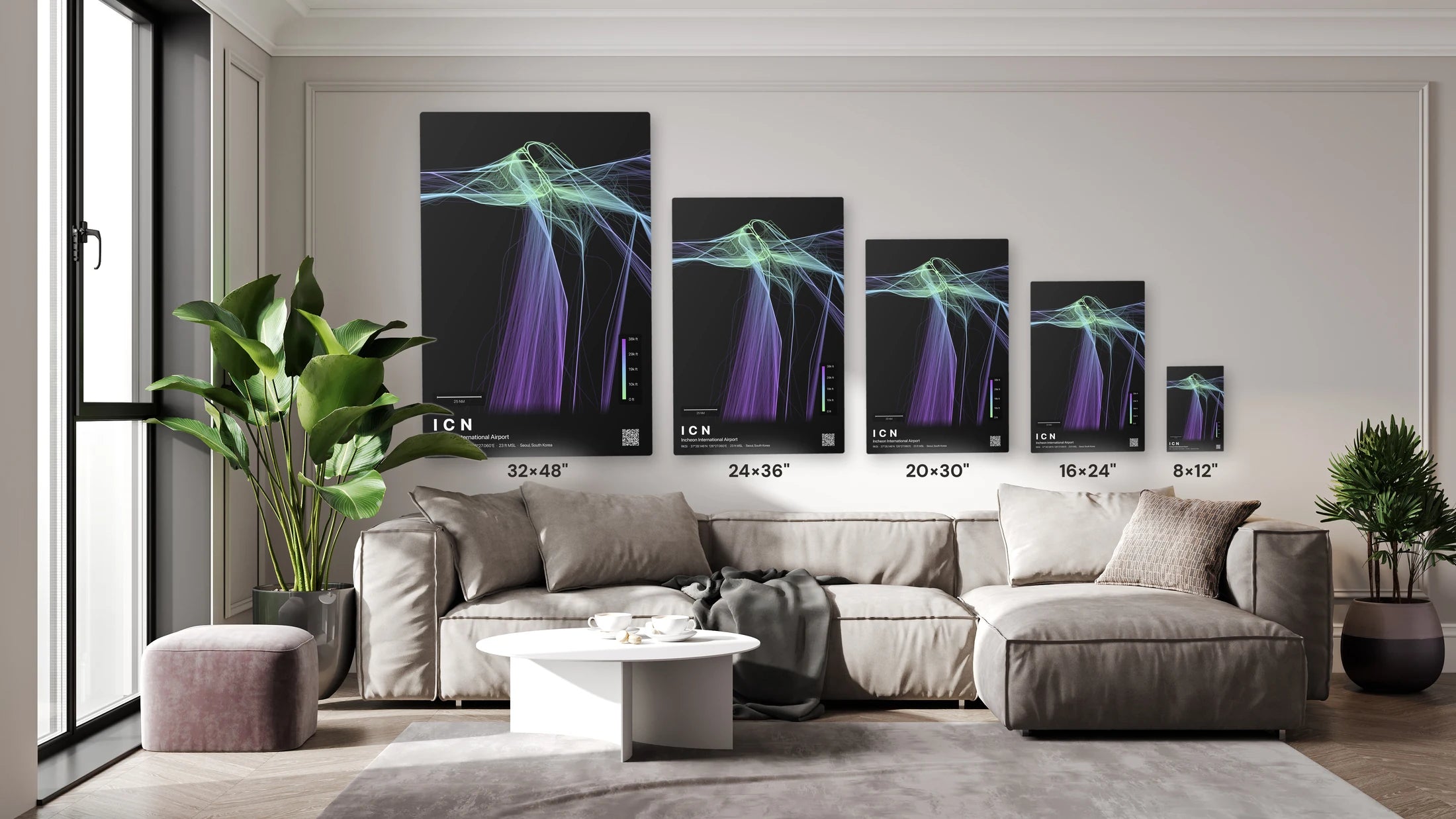 ICN flight path print — Prism theme · Dark size guide