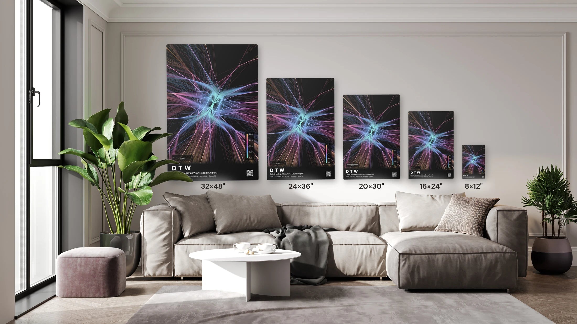 DTW flight path print — Aurora theme · Dark size guide