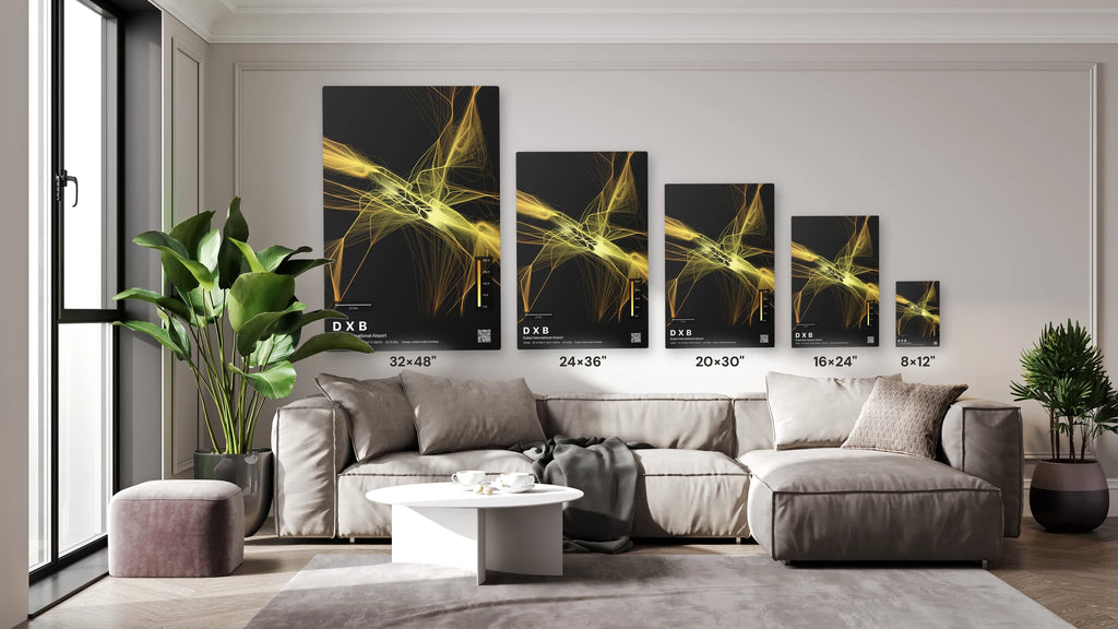 DXB flight path print — Solana theme · Dark size guide