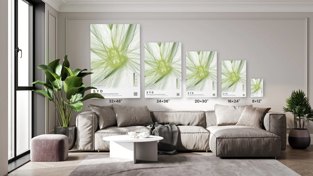SYD flight path print — Citrus theme · Light size guide