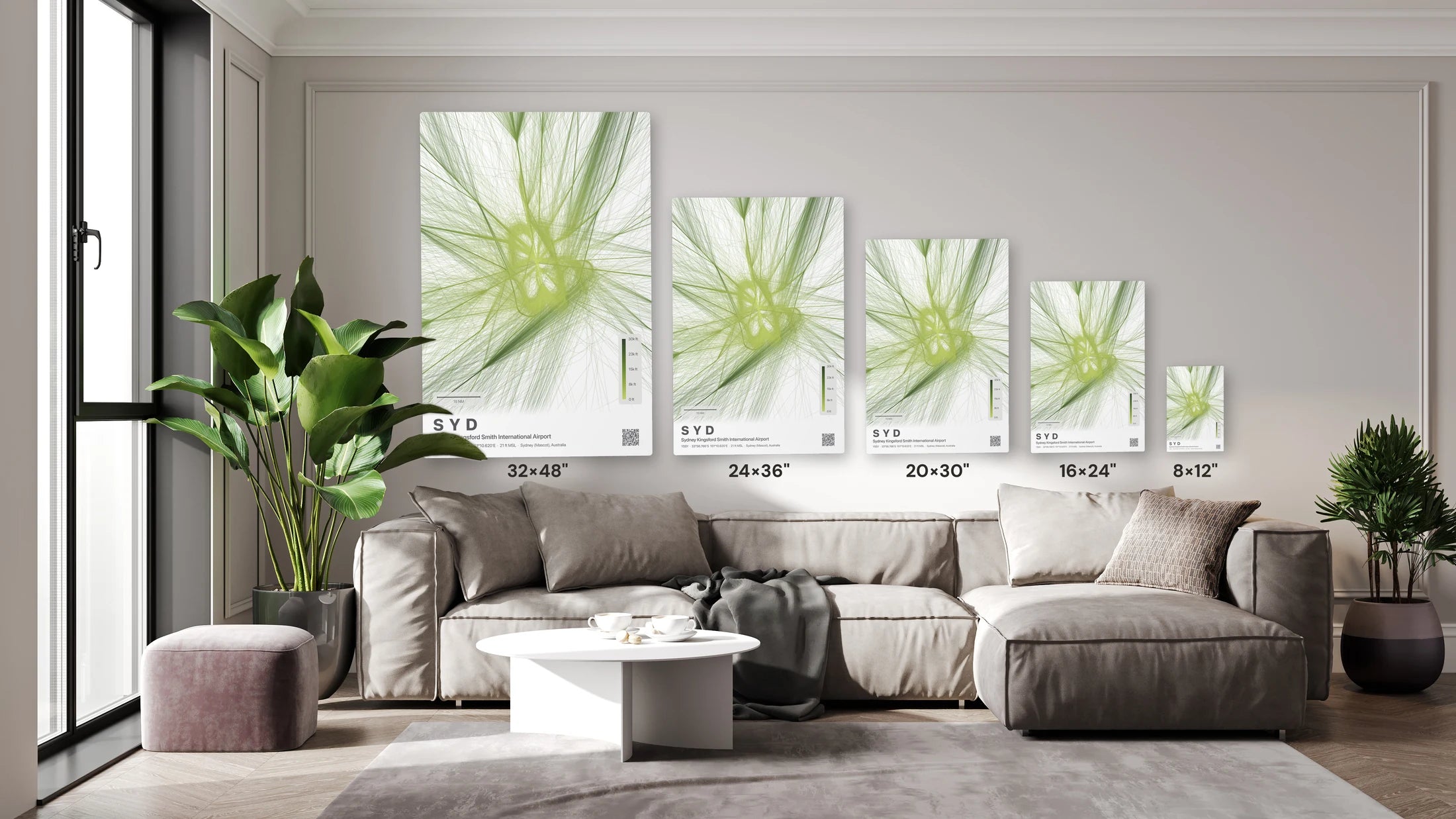 SYD flight path print — Citrus theme · Light size guide
