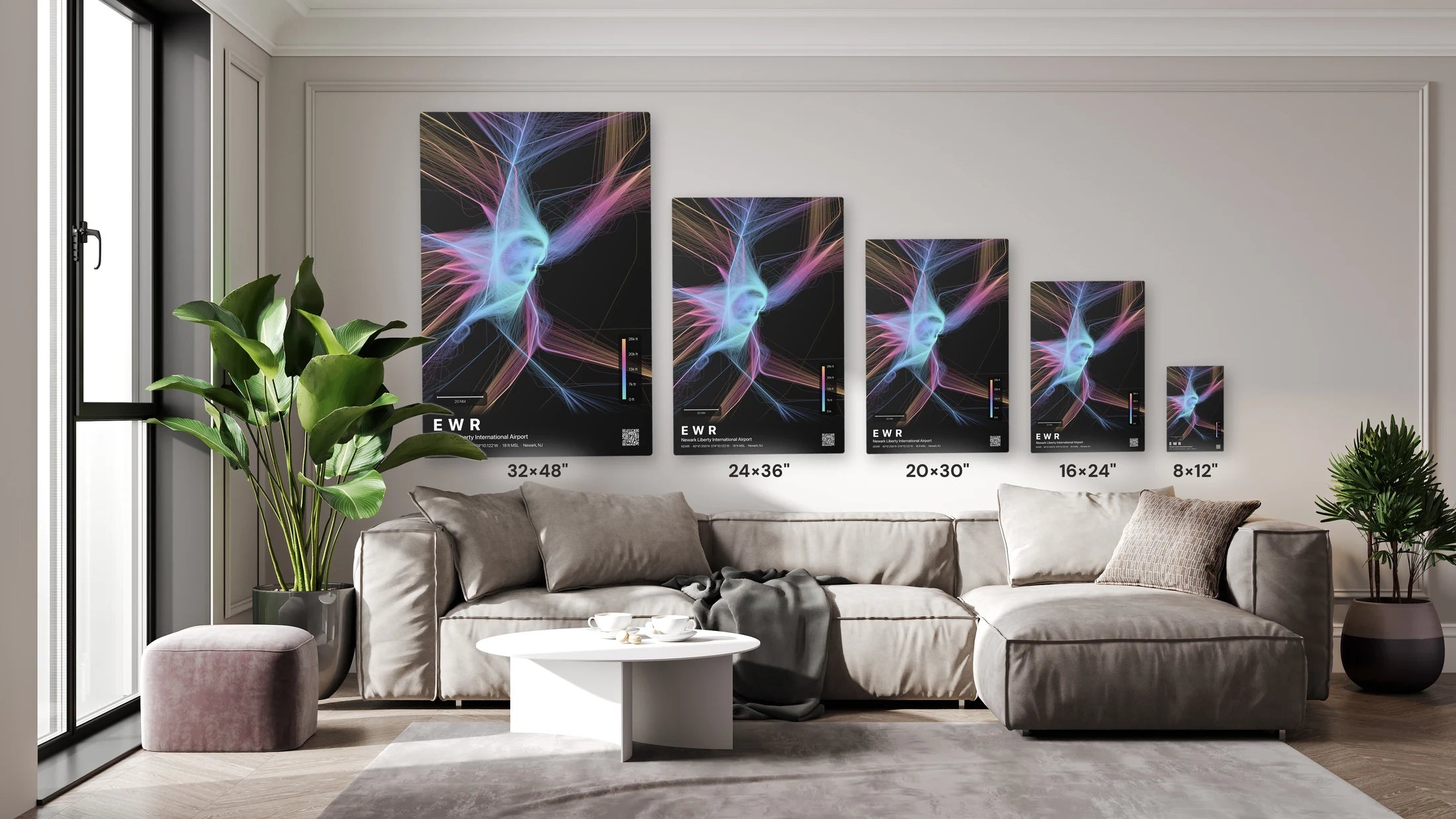EWR flight path print — Aurora theme · Dark size guide