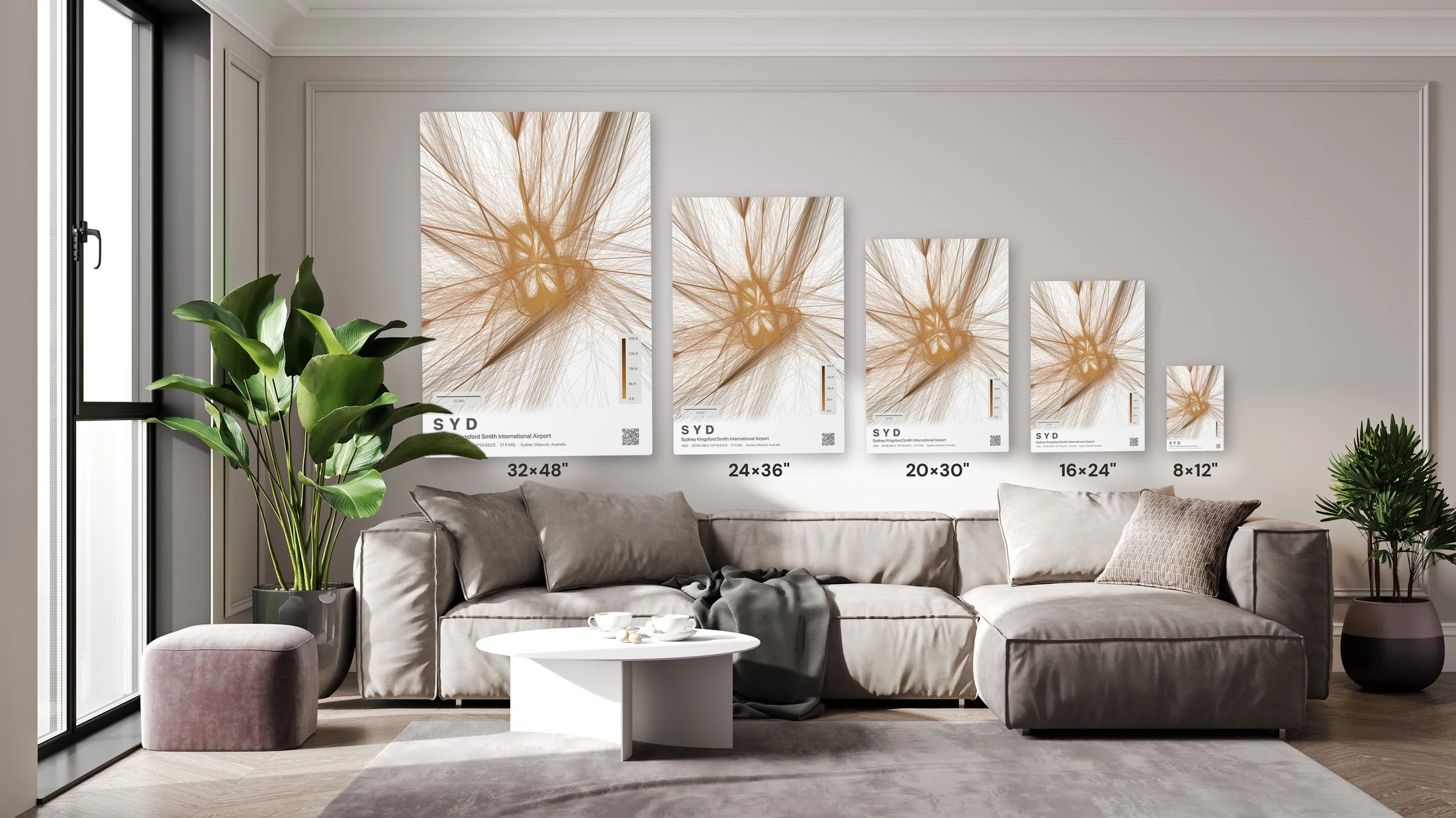 SYD flight path print — Solana theme · Light size guide