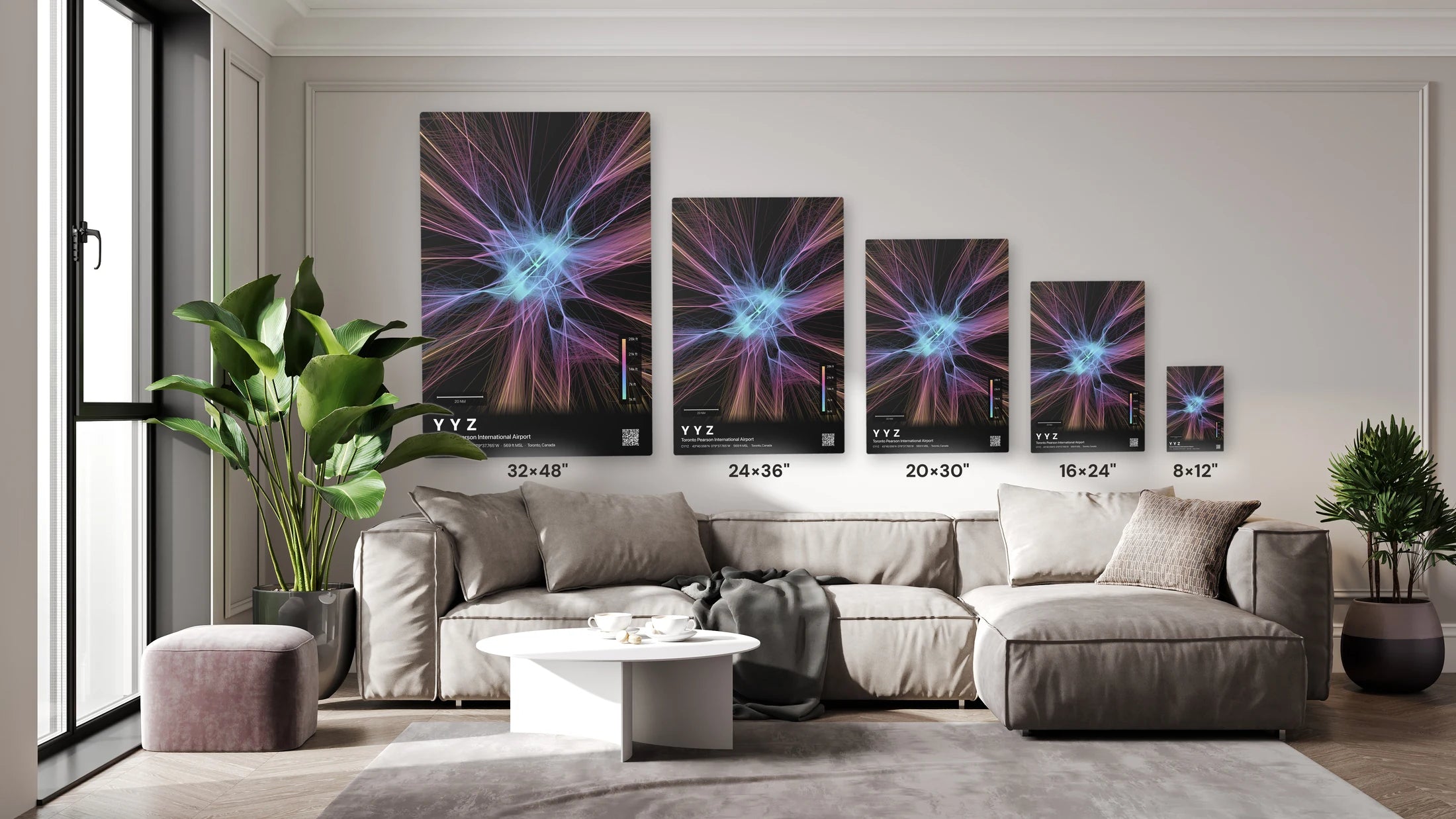 YYZ flight path print — Aurora theme · Dark size guide