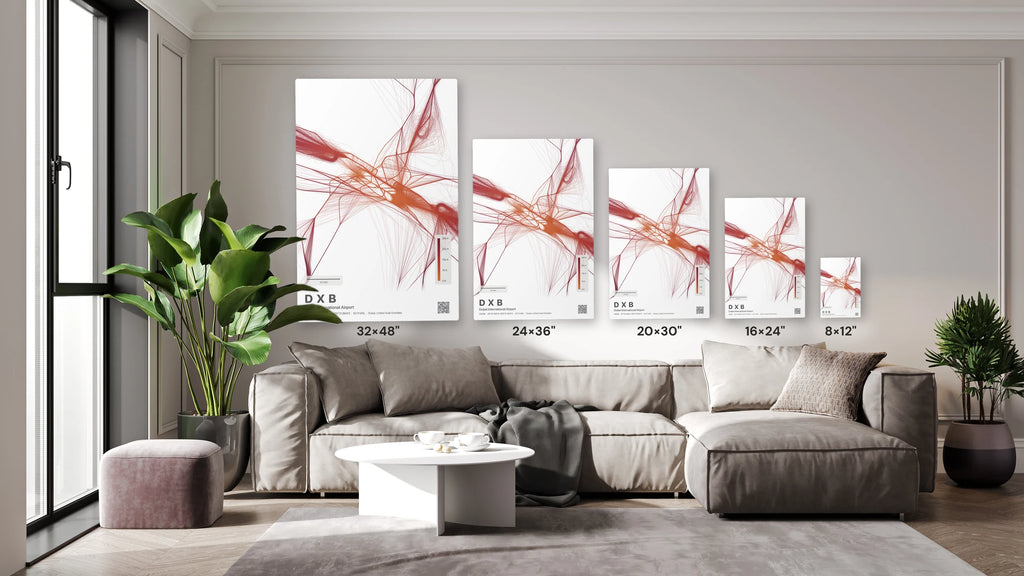 DXB flight path print — Inferno theme · Light size guide