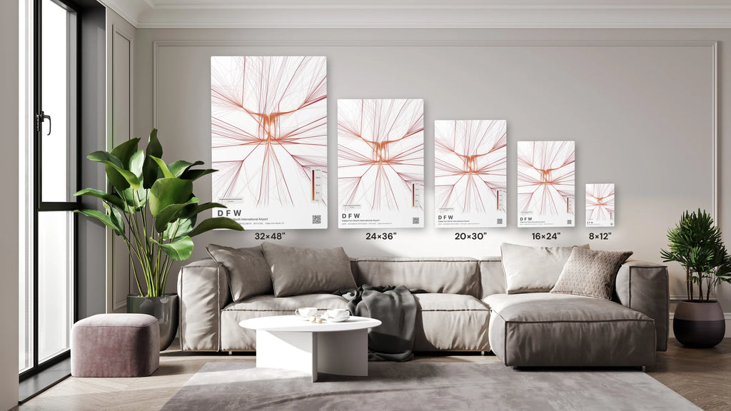 DFW flight path print — Inferno theme · Light size guide