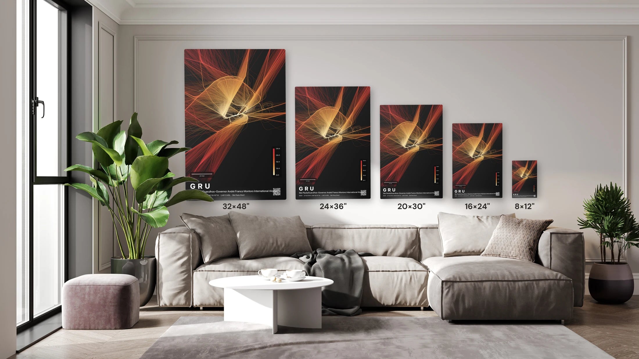 GRU flight path print — Inferno theme · Dark size guide