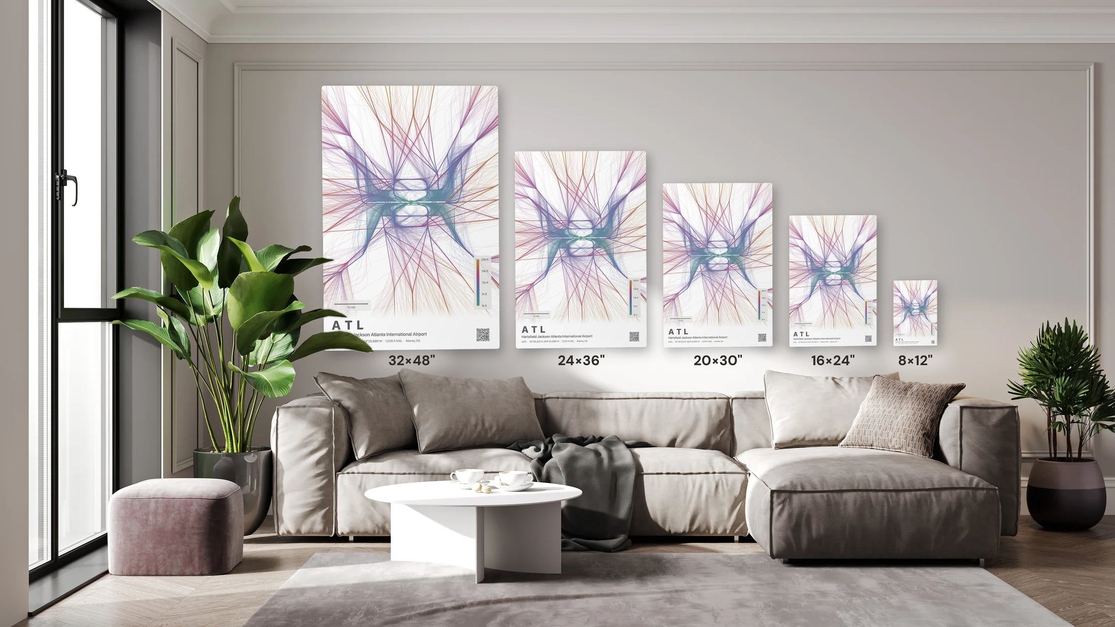 ATL flight path print — Aurora theme · Light size guide