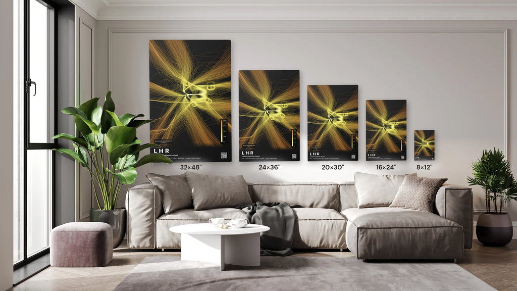 LHR flight path print — Solana theme · Dark size guide