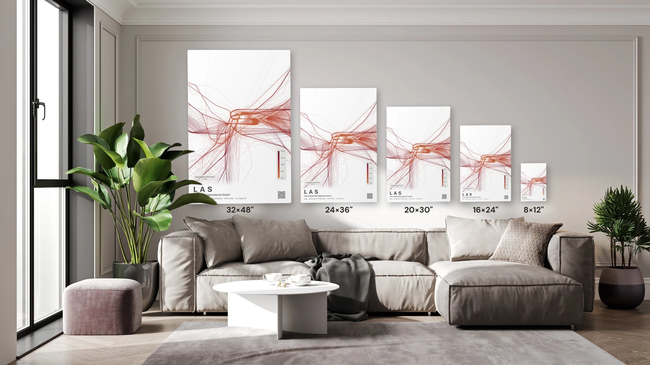 LAS flight path print — Inferno theme · Light size guide