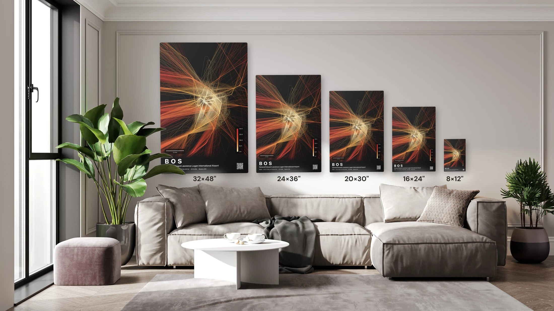 BOS flight path print — Inferno theme · Dark size guide