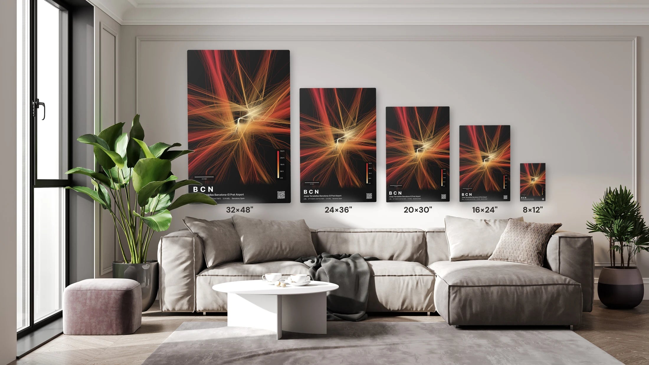 BCN flight path print — Inferno theme · Dark size guide
