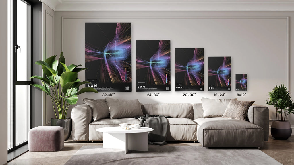 BOM flight path print — Aurora theme · Dark size guide