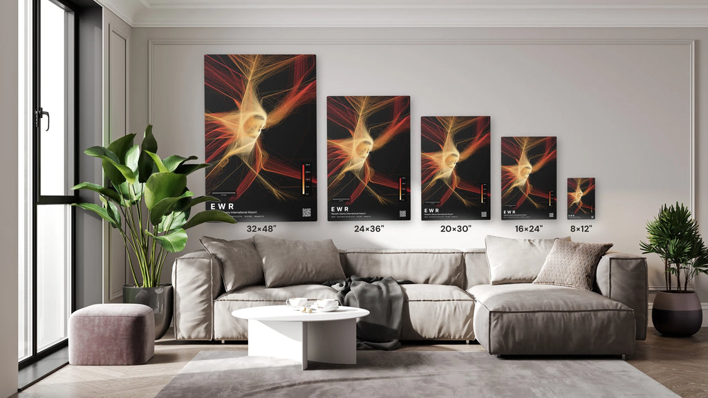 EWR flight path print — Inferno theme · Dark size guide