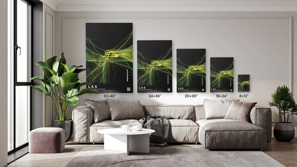 LAS flight path print — Citrus theme · Dark size guide
