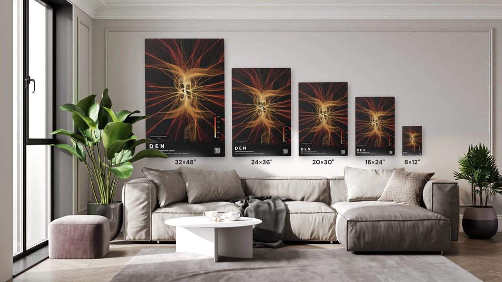 DEN flight path print — Inferno theme · Dark size guide