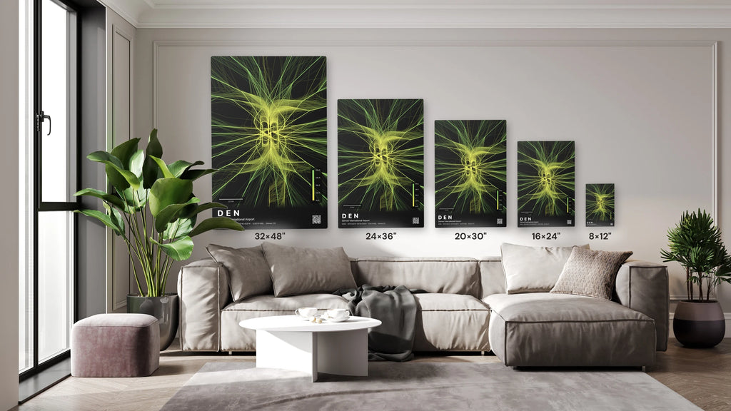 DEN flight path print — Citrus theme · Dark size guide