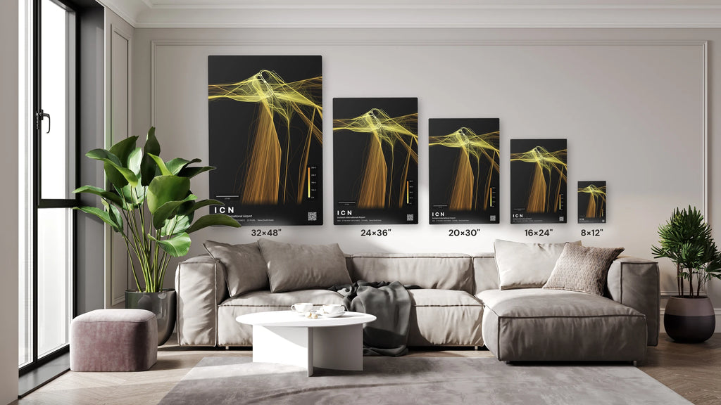 ICN flight path print — Solana theme · Dark size guide