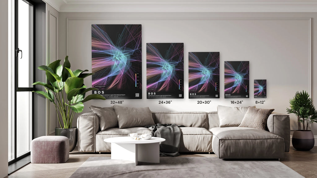 BOS flight path print — Aurora theme · Dark size guide