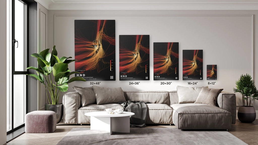HND flight path print — Inferno theme · Dark size guide