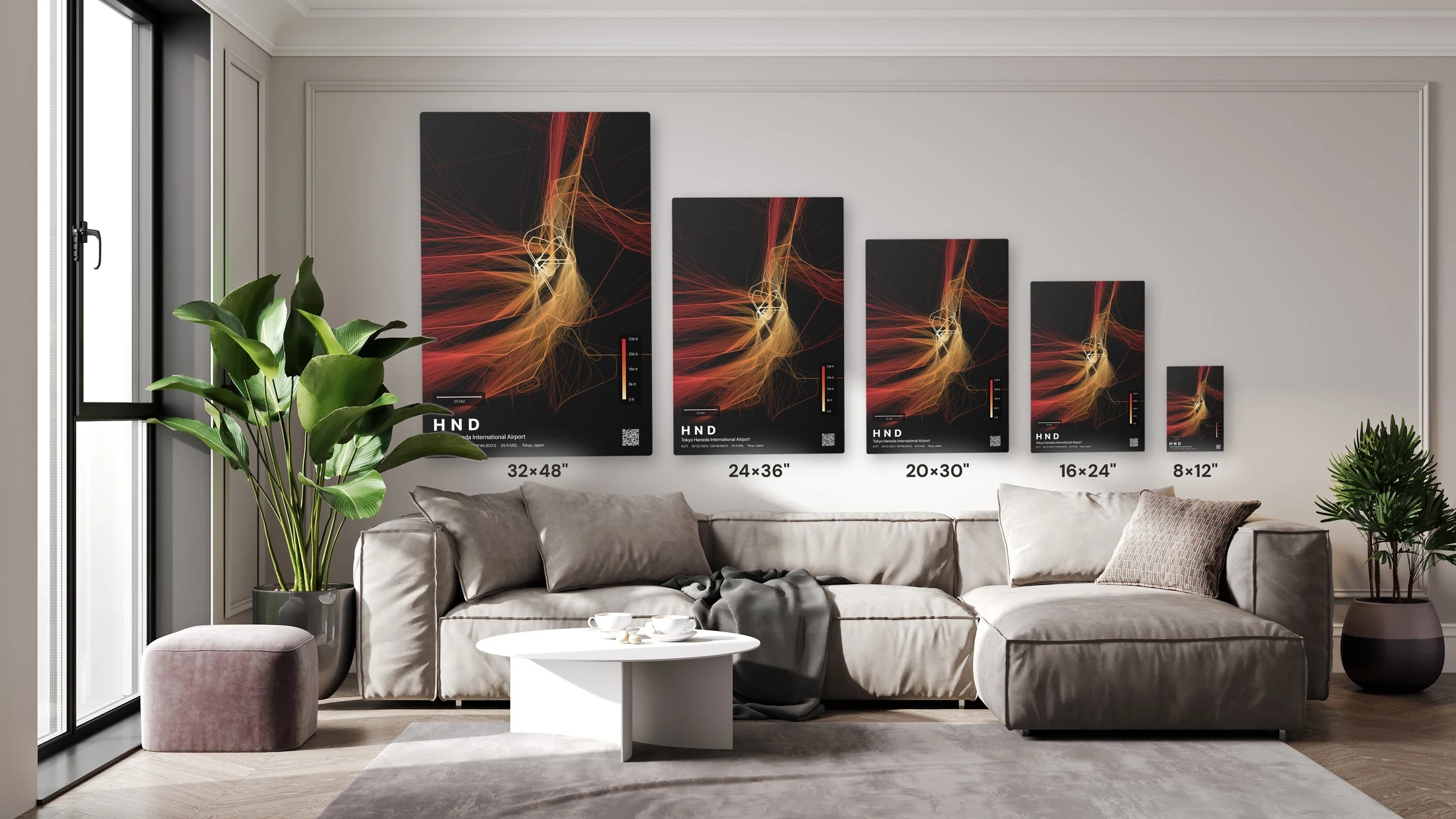HND flight path print — Inferno theme · Dark size guide
