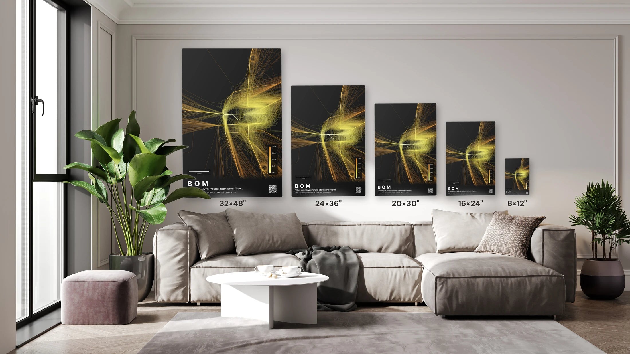 BOM flight path print — Solana theme · Dark size guide