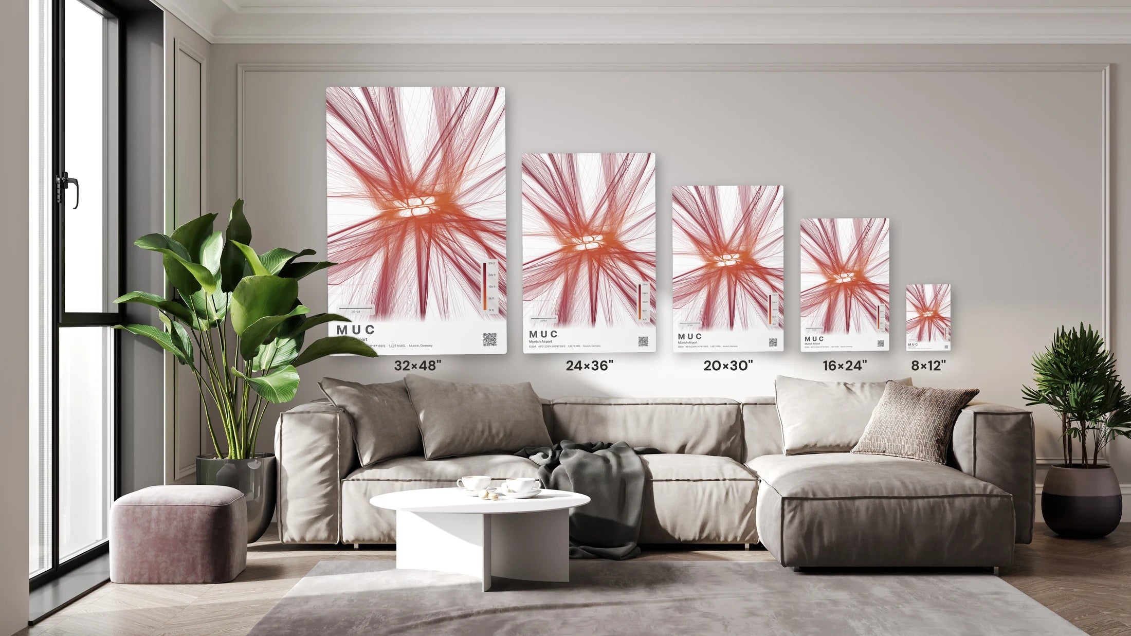 MUC flight path print — Inferno theme · Light size guide