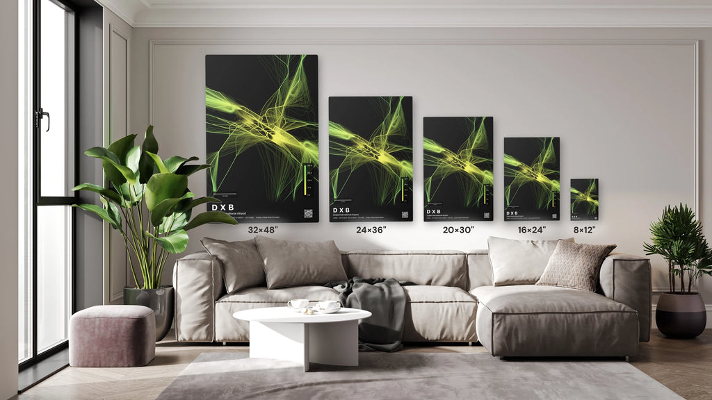 DXB flight path print — Citrus theme · Dark size guide