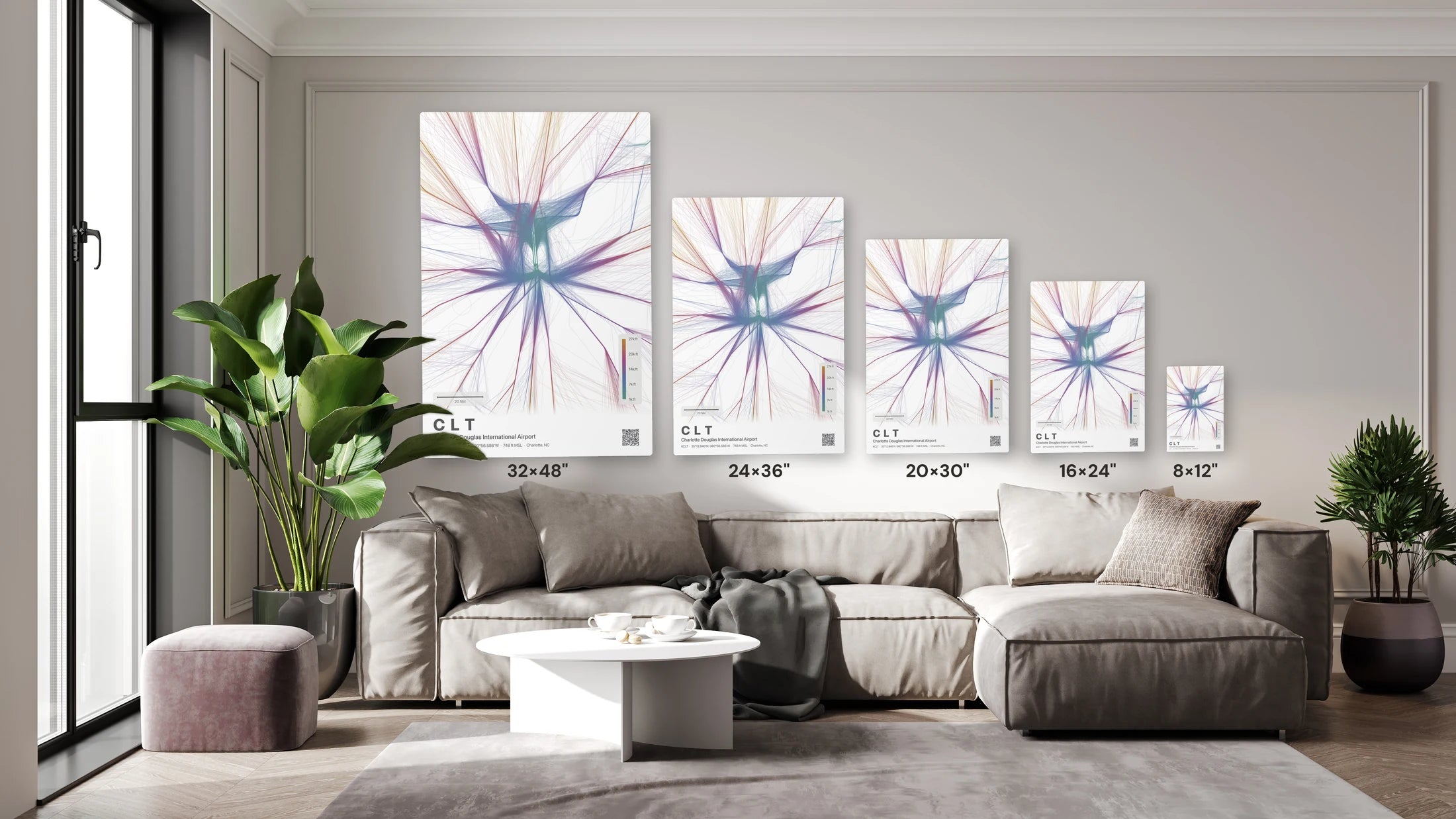 CLT flight path print — Aurora theme · Light size guide