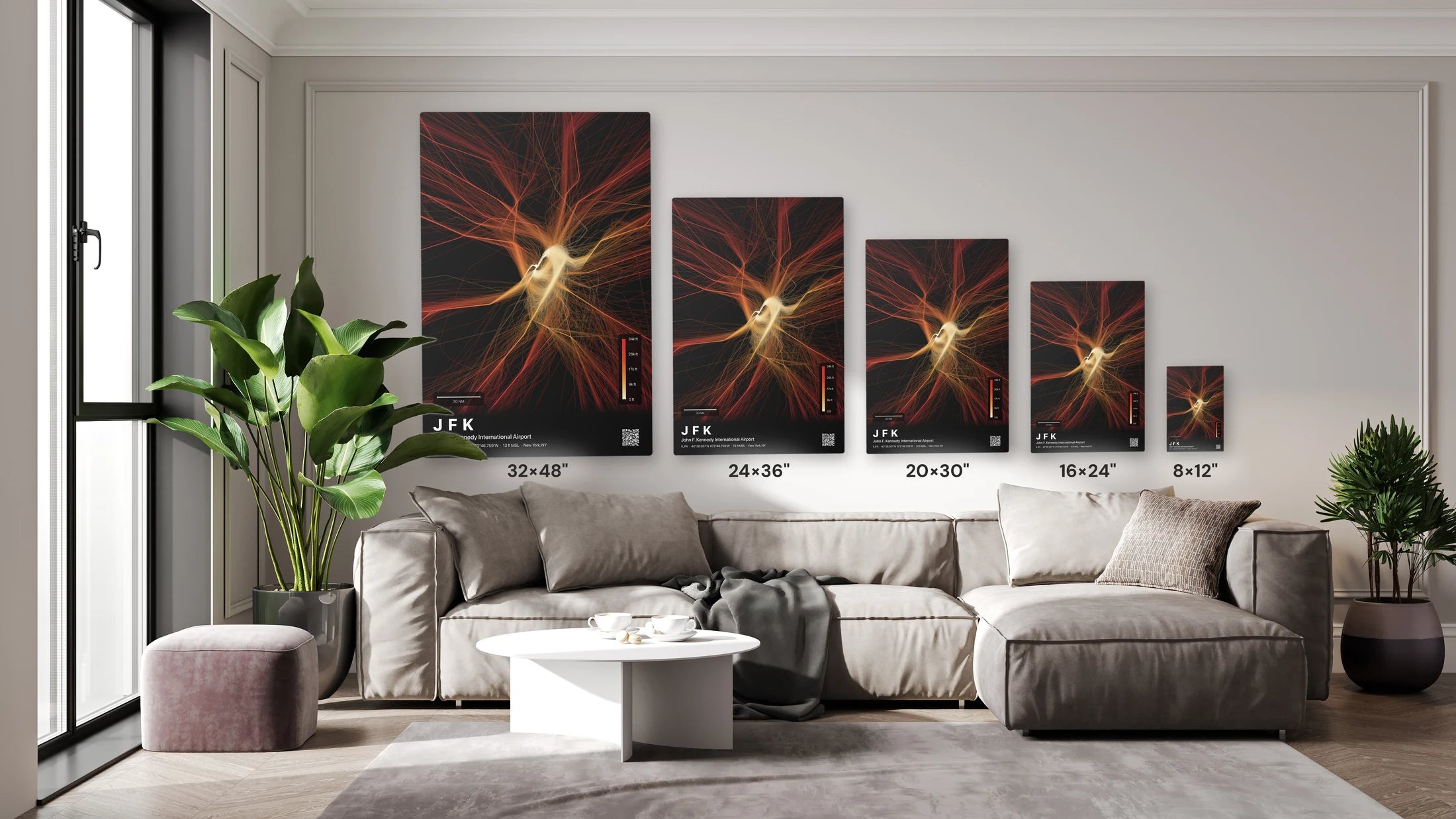 JFK flight path print — Inferno theme · Dark size guide