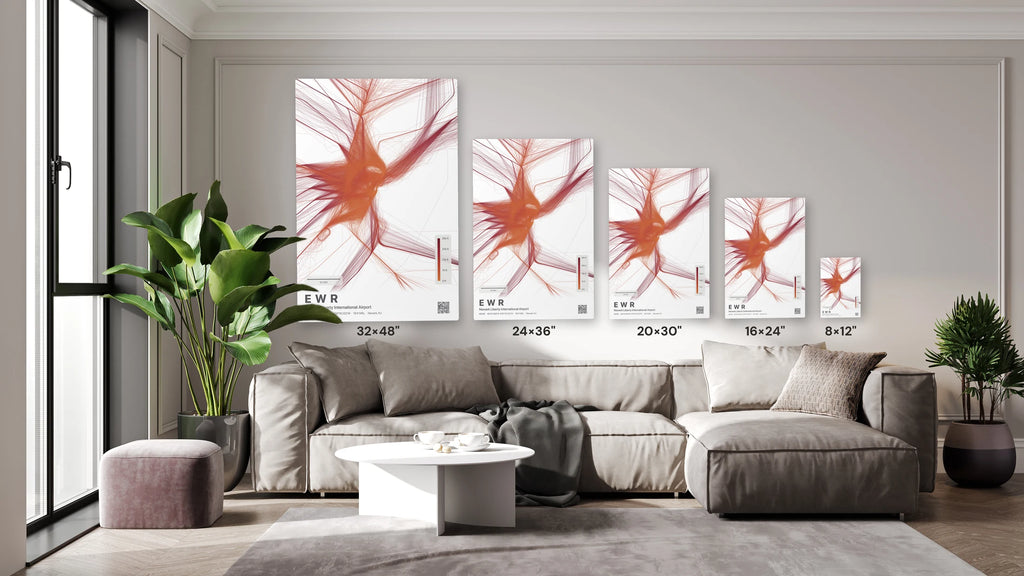 EWR flight path print — Inferno theme · Light size guide