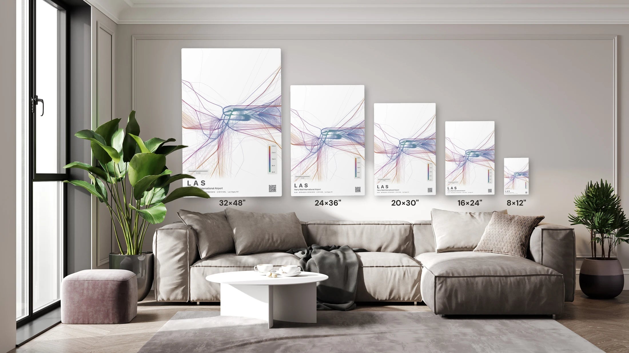 LAS flight path print — Aurora theme · Light size guide