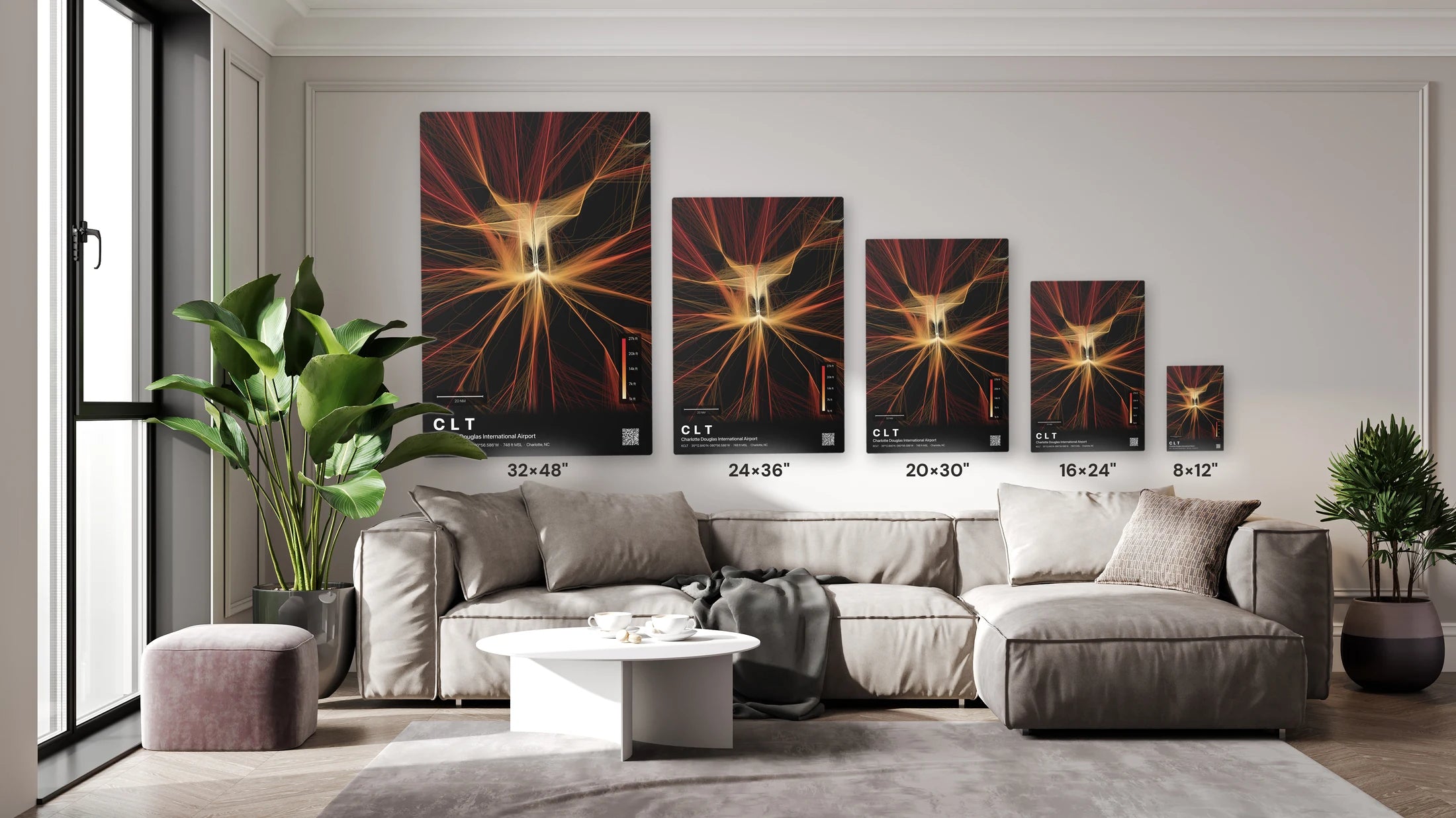CLT flight path print — Inferno theme · Dark size guide