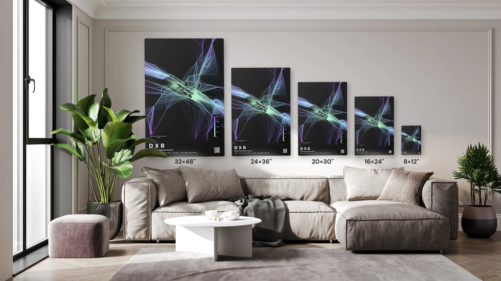 DXB flight path print — Prism theme · Dark size guide
