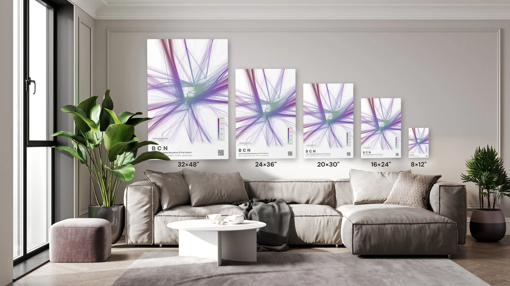 BCN flight path print — Prism theme · Light size guide