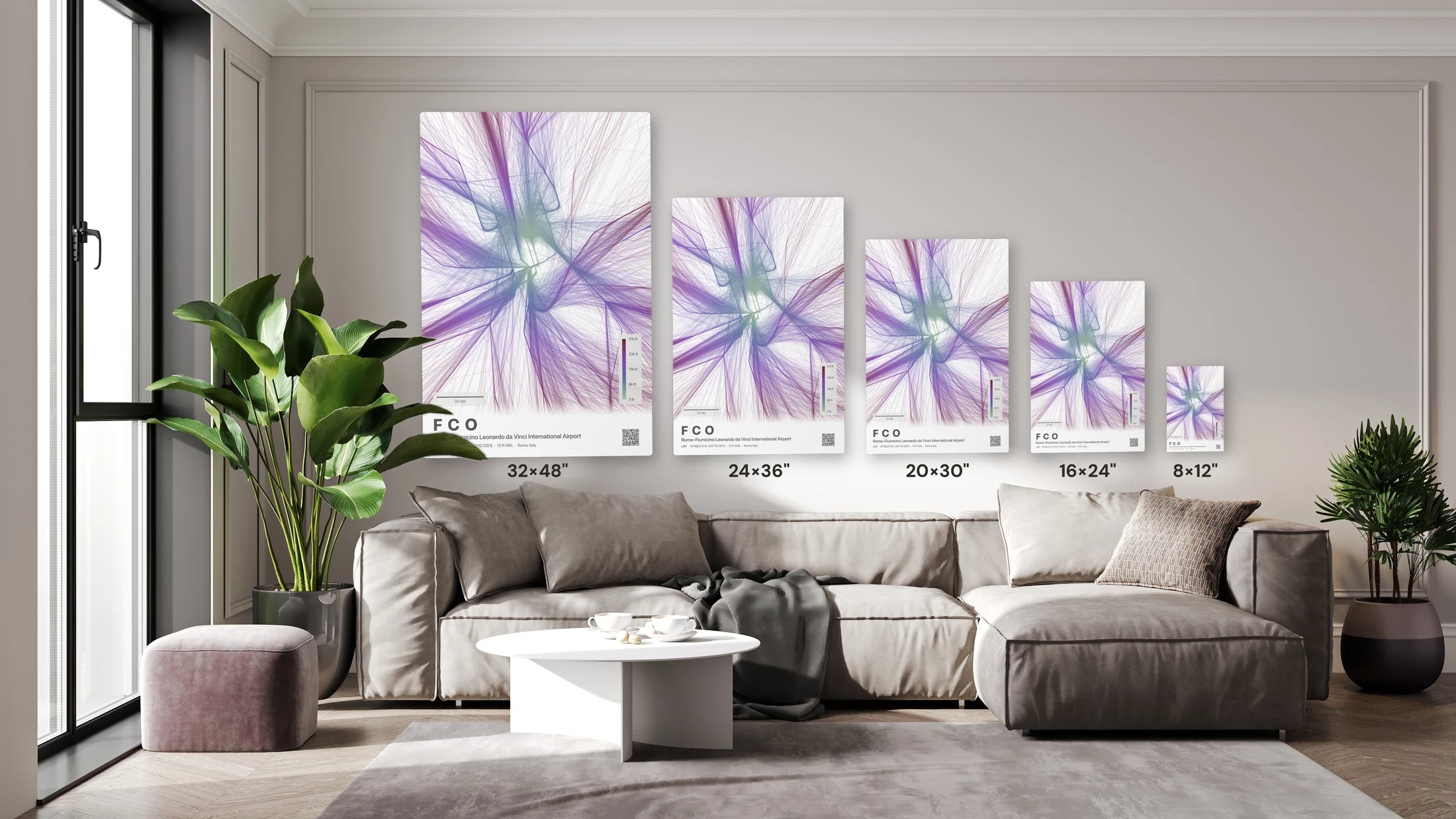 FCO flight path print — Prism theme · Light size guide