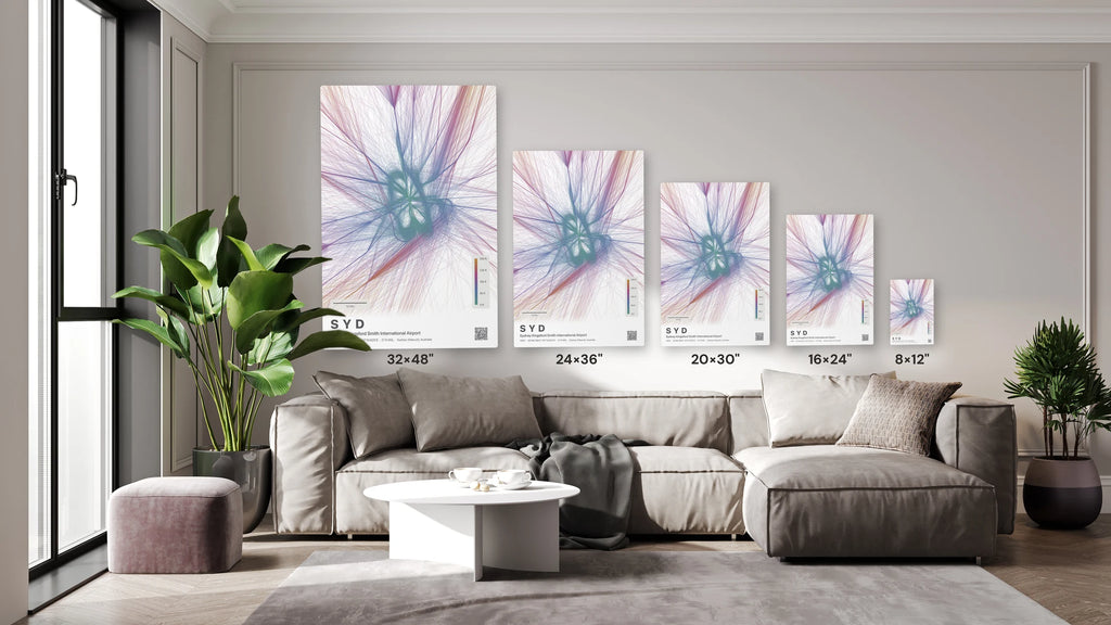SYD flight path print — Aurora theme · Light size guide