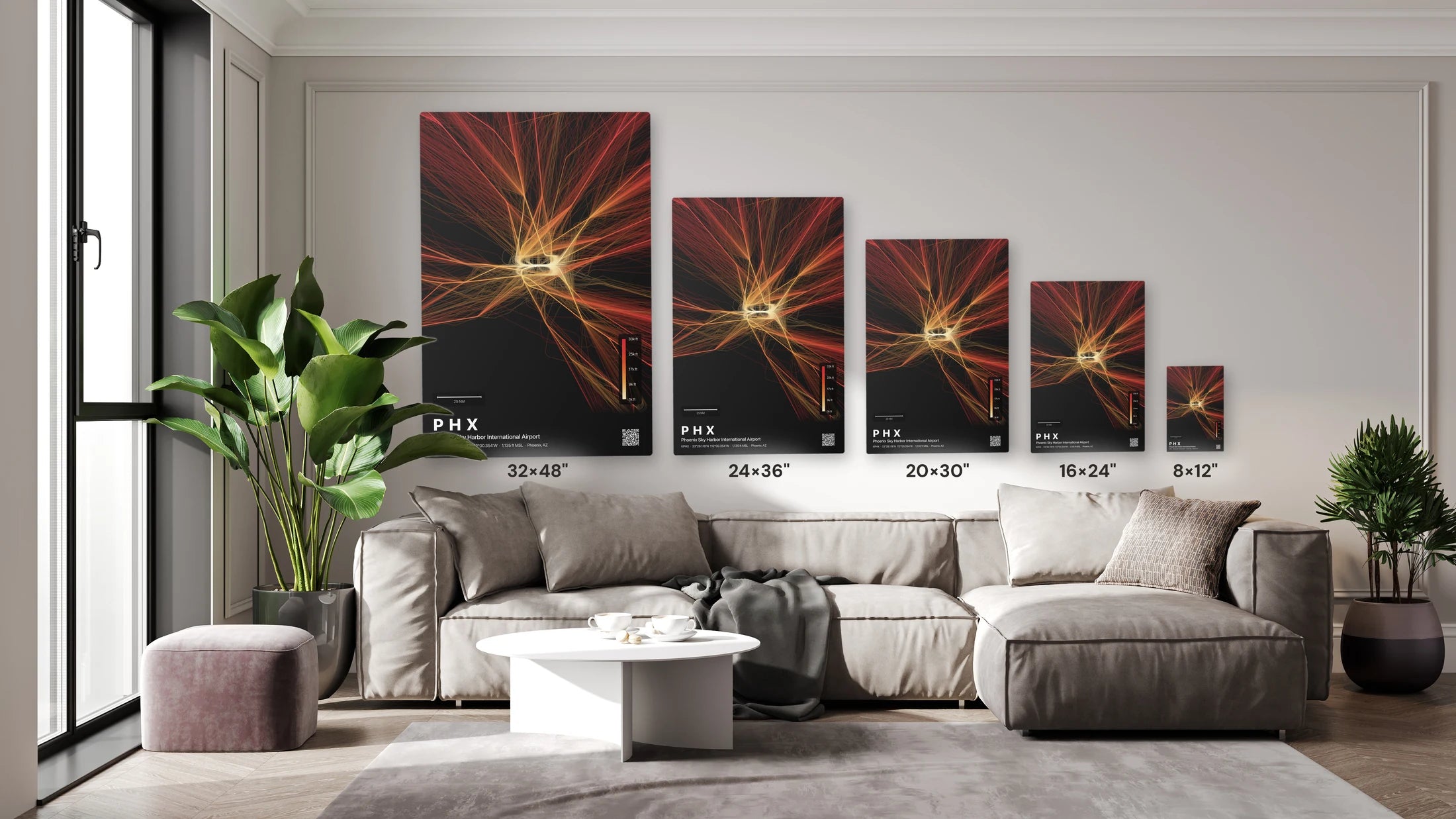 PHX flight path print — Inferno theme · Dark size guide