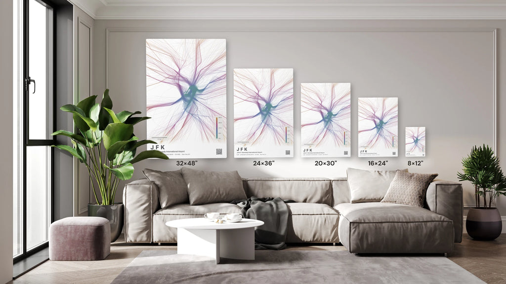 JFK flight path print — Aurora theme · Light size guide