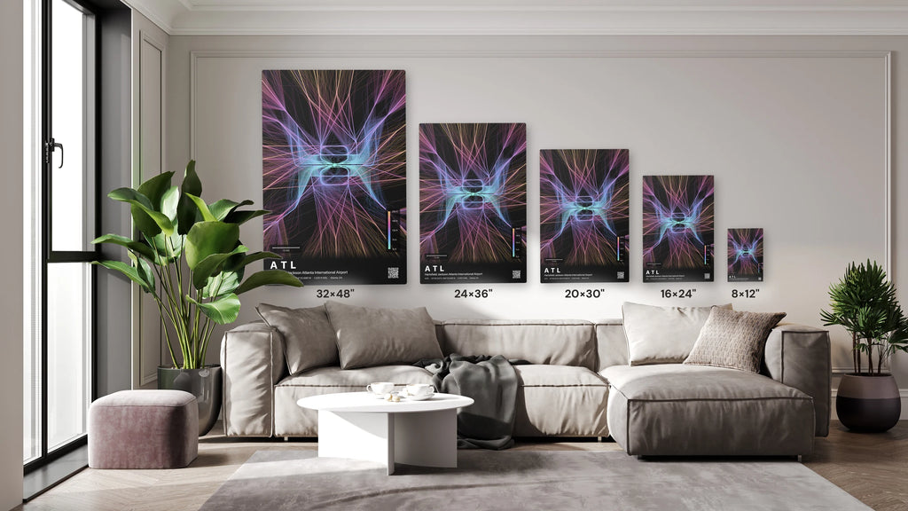ATL flight path print — Aurora theme · Dark size guide