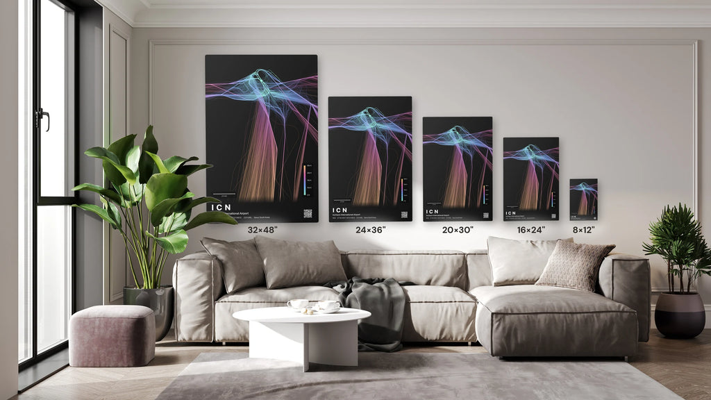 ICN flight path print — Aurora theme · Dark size guide