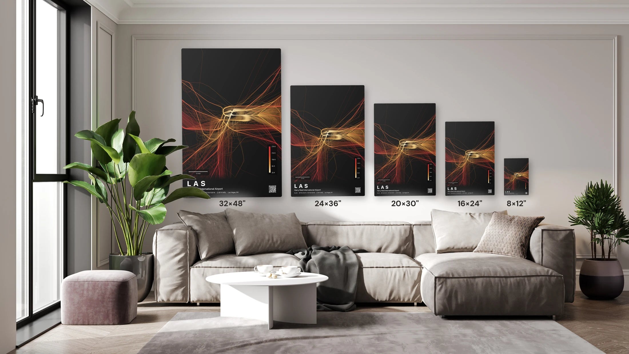 LAS flight path print — Inferno theme · Dark size guide