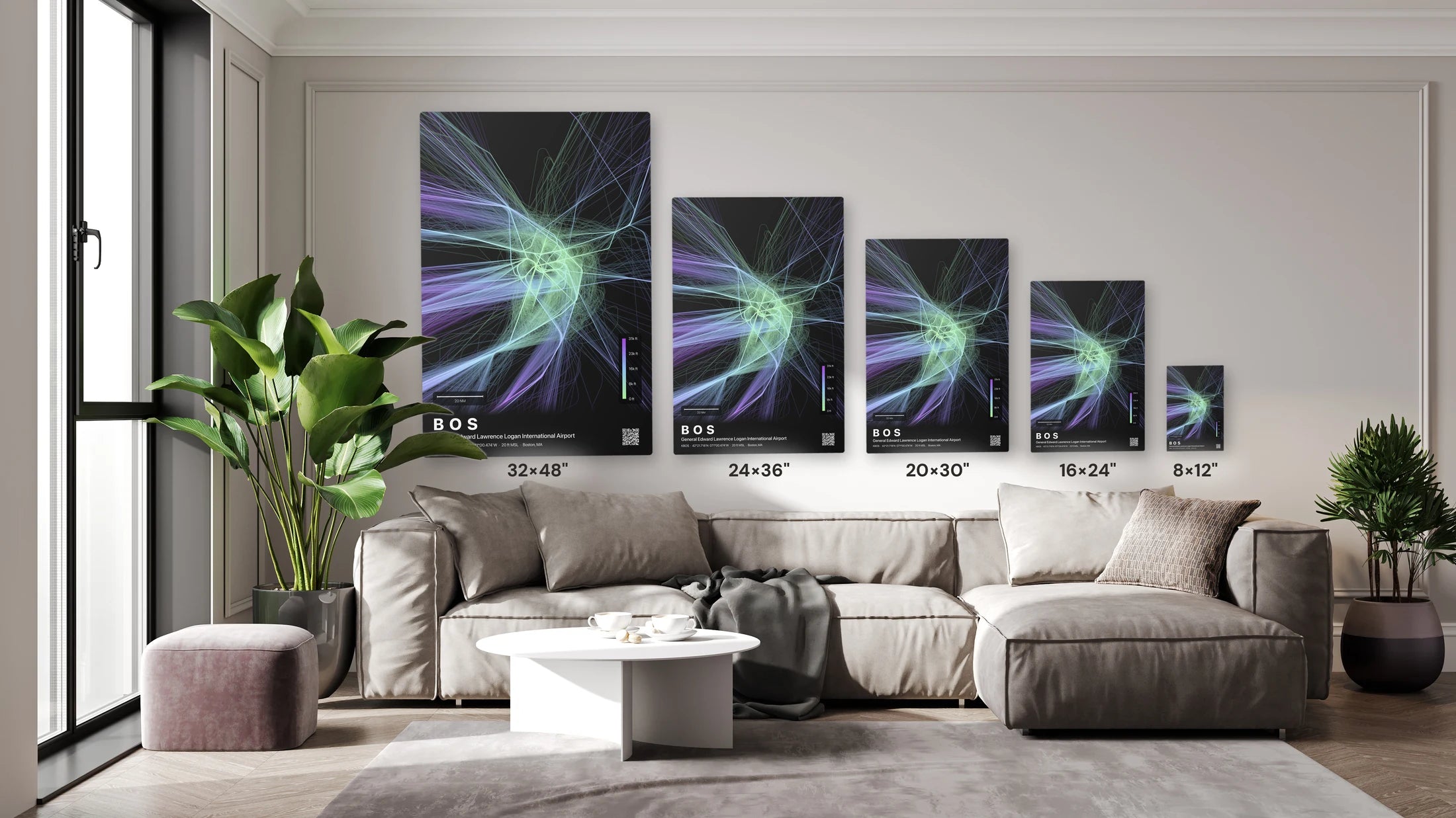 BOS flight path print — Prism theme · Dark size guide