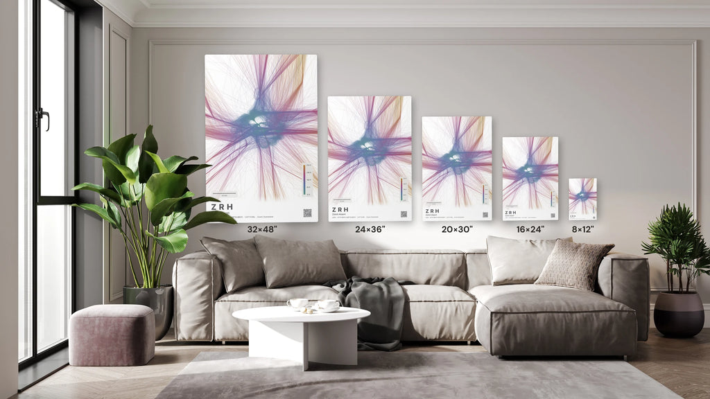 ZRH flight path print — Aurora theme · Light size guide